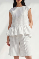 2 Piece White Boat Neck Ruffled Striped Business Suits with Pockets