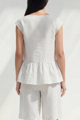 2 Piece White Boat Neck Ruffled Striped Business Suits with Pockets