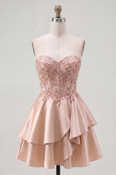 A-Line Champagne Sweetheart Sheer Corset Ruffled Homecoming Dress with Beading