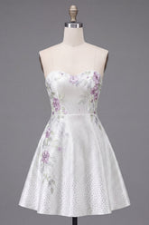 A-Line Sweetheart White Floral Homecoming Dress with Beading