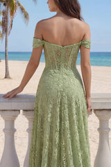 A-Line Sage Green Lace Off the Shoulder Corset Long Prom Dress with Slit