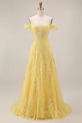 A-Line Off the Shoulder Yellow Lace Corset Appliqued Long Prom Dress
