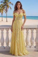 A-Line Off the Shoulder Yellow Lace Corset Appliqued Long Prom Dress