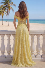 A-Line Off the Shoulder Yellow Lace Corset Appliqued Long Prom Dress