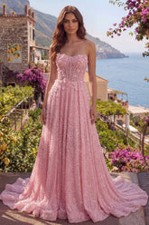 A-Line Pink Beaded Strapless Sequins Appliqued Corset Long Prom Dress with 3D Flowers