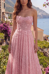 A-Line Pink Beaded Strapless Sequins Appliqued Corset Long Prom Dress with 3D Flowers
