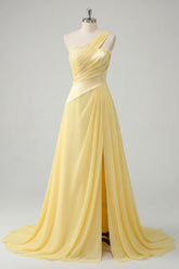 A-Line Chiffon Butter Yellow One Shoulder Ruched Maxi Dress with Slit