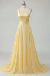 A-Line Butter Yellow Chiffon Square Neck Corset Maxi Dress