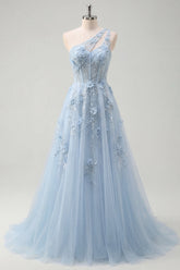 A-Line One Shoulder Blue Corset Appliqued Long Prom Dress with Beading