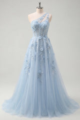 A-Line One Shoulder Blue Corset Appliqued Long Prom Dress with Beading