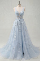 A-Line Blue V-Neck Beaded Corset Appliqued Long Prom Dress with Slit
