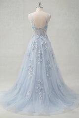 A-Line Blue V-Neck Beaded Corset Appliqued Long Prom Dress with Slit