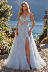 A-Line Blue V-Neck Beaded Corset Appliqued Long Prom Dress with Slit