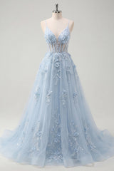 A-Line Blue Spaghetti Straps Beaded Sheer Corset Long Prom Dress with Appliques
