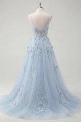 A-Line Blue Spaghetti Straps Beaded Sheer Corset Long Prom Dress with Appliques