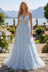 A-Line Blue Spaghetti Straps Beaded Sheer Corset Long Prom Dress with Appliques