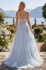 A-Line Blue Spaghetti Straps Beaded Sheer Corset Long Prom Dress with Appliques