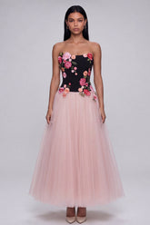 A-Line Black and Pink Strapless Tulle Long Floral Dress