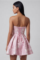 A-Line Pink Jacquard Sweetheart Ruffled Mini Homecoming Dress With Bow
