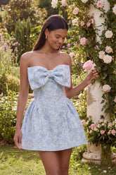 A-Line Blue Off the Shoulder Jacquard Mini Homecoming Dress With Bow