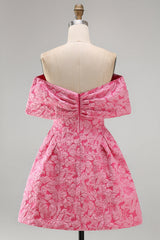 A-Line Fuchsia Jacquard Off the Shoulder Mini Homecoming Dress With Bow