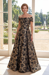 A Line Black Off the Shoulder Jacquard Floral Long Mother Of the Bride Dress