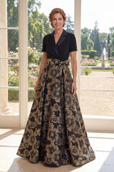 A Line Black V-Neck Jacquard Long Mother Of the Bride Dress with Bow
