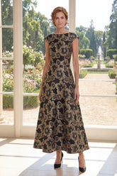 A Line Black Bateau Neck Jacquard Long Mother Of the Bride Dress
