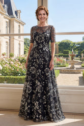 A-Line Black Tulle Bateau Neck Sequins Mother Of the Bride Dress