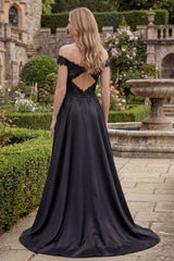 A-Line Satin Black Off the Shoulder Beaded Long Prom Dress