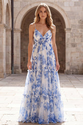 A-Line White Blue Flower Chiffon Spaghetti Straps Long Prom Dress