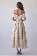 A-Line Champagne Off the Shoulder Printed Midi Formal Dress