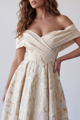 A-Line Champagne Off the Shoulder Printed Midi Formal Dress