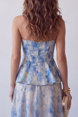 A-Line Dusty Blue Chiffon Strapless Floral Midi Formal Dress