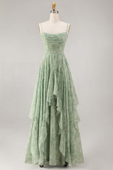A-Line Dusty Sage Chiffon Floral Corset Spaghetti Straps Long Bridesmaid Dress