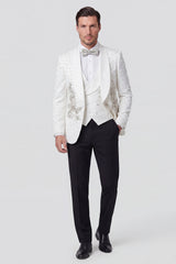 3 Piece Shawl Lapel White One Button Men's Wedding Suits with Beading