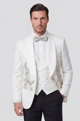 3 Piece Shawl Lapel White One Button Men's Wedding Suits with Beading