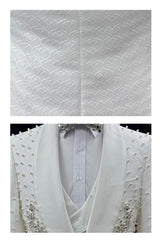 3 Piece Shawl Lapel White One Button Men's Wedding Suits with Beading