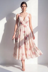 A-Line Chiffon Blush V-Neck Ruched Midi Floral Dress
