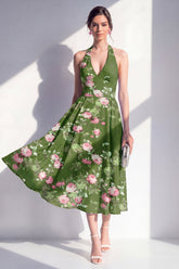 A-Line Chiffon Dark Green Halter Neck Midi Floral Dress