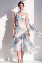 A-Line Blue Flower V-Neck Chiffon Midi Dress with Neck Scarf