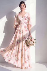 A-Line Apricot Floral Chiffon V-Neck Ruched Long Bridesmaid Dress with Flutter Sleeves