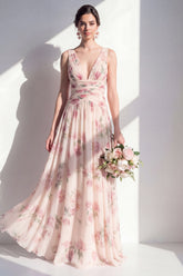 A-Line Apricot Chiffon V-Neck Ruched Floral Long Bridesmaid Dress
