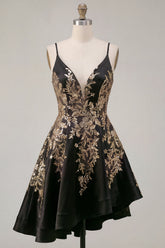 A-Line Black Satin Sequins Asymmetrical Homecoming Dress