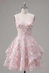 A-Line Pink Spaghetti Straps Corset Floral Homecoming Dress