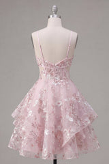 A-Line Pink Spaghetti Straps Corset Floral Homecoming Dress