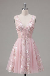 A-Line V-Neck Pink Corset Floral Homecoming Dress