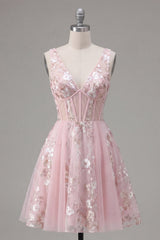 A-Line V-Neck Pink Corset Floral Homecoming Dress