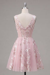 A-Line V-Neck Pink Corset Floral Homecoming Dress