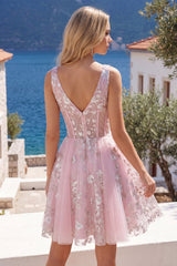 A-Line V-Neck Pink Corset Floral Homecoming Dress